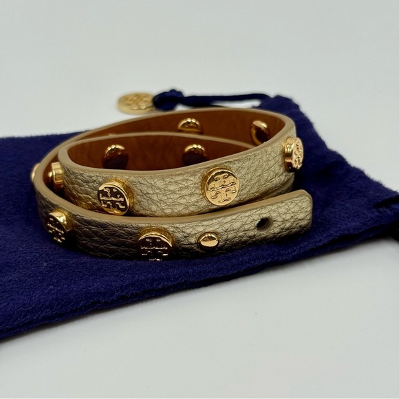 Tory Burch Miller Double Wrap Gold Logo on Gold Leather Bracelet - Picture 3 of 6